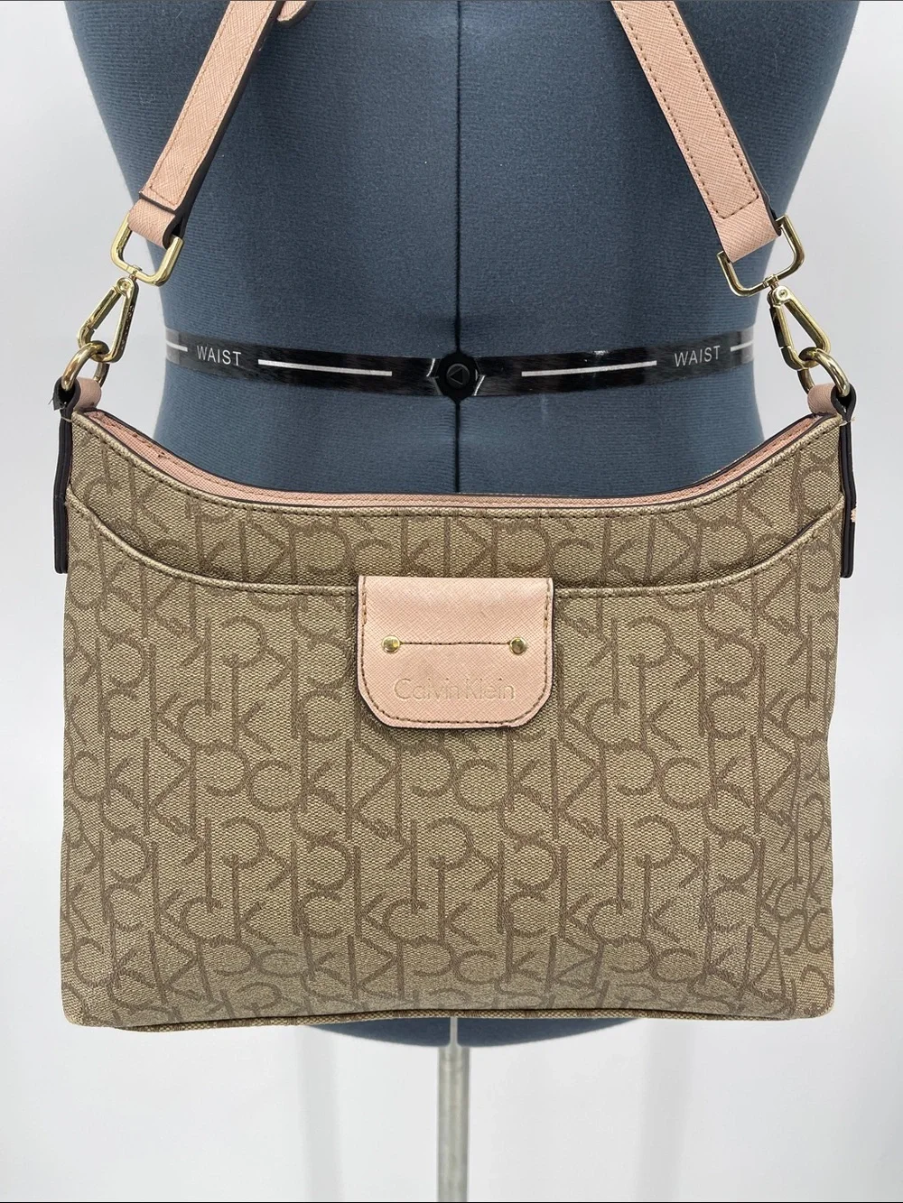 Calvin Klein Beige Monogram Crossbody with Pink Trim
